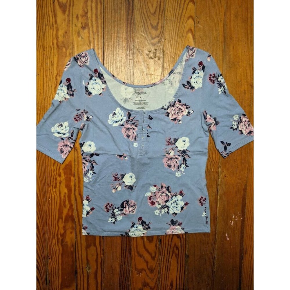 Arizona Womens Top Floral Flowers Purple Stretch Blouse Shirt Medium